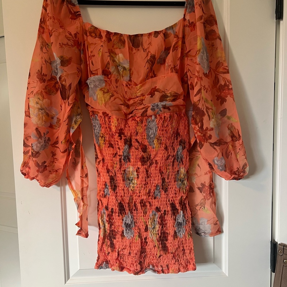 Orange Puff Sleeve Smocked Mini Dress